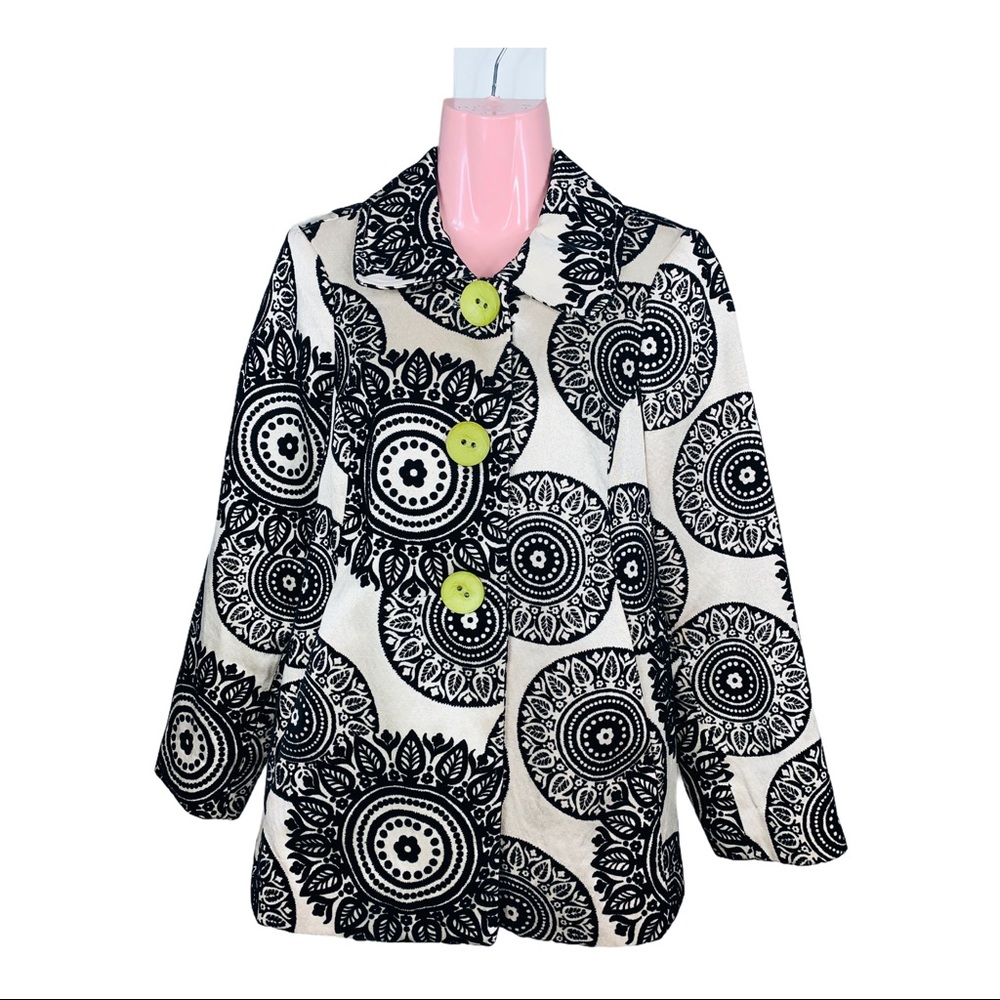 3 Sisters Black‎ & White with Lime Green buttons Pea Coat Jacket Size Small